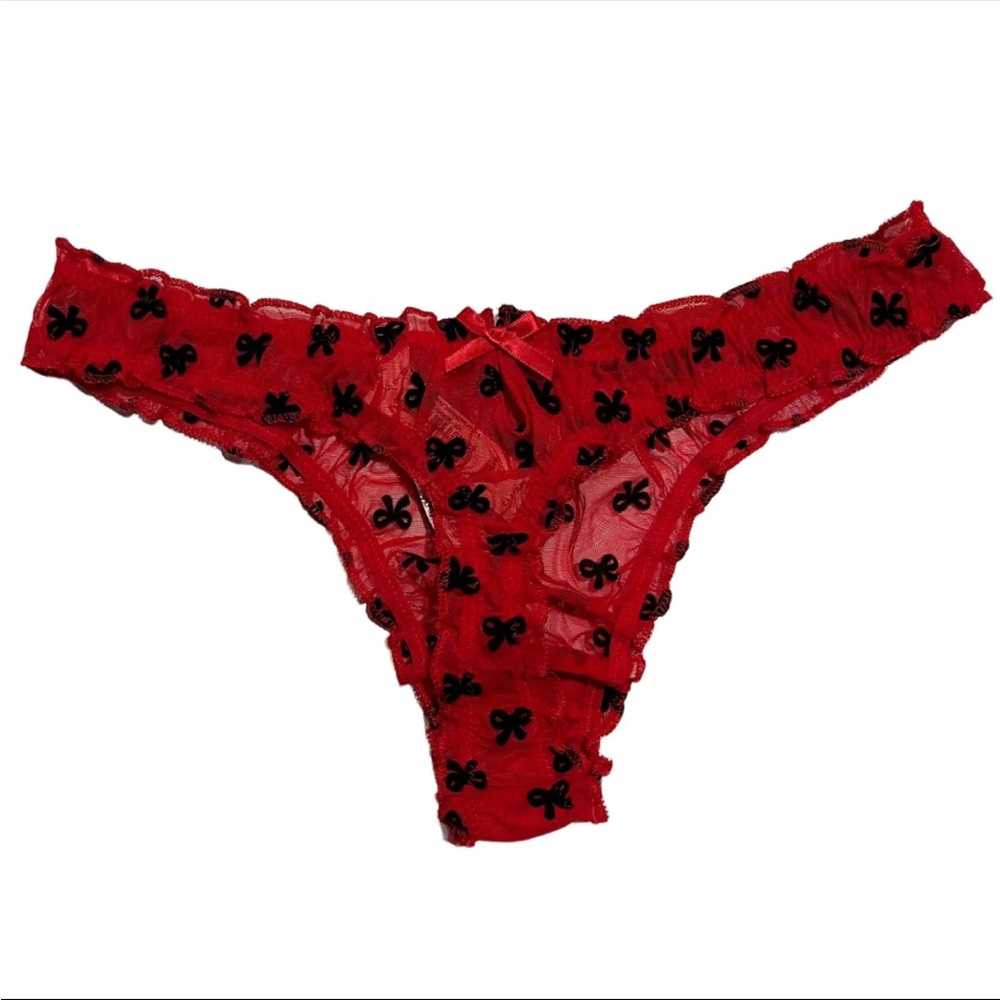 VICTORIA'S SECRET Thong Pantie/Underwear Size M Red Mesh Black Bows